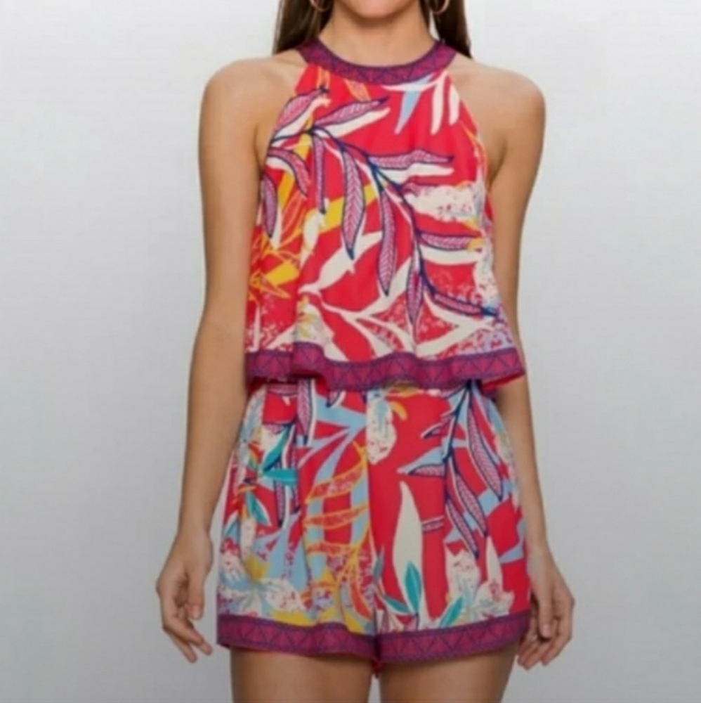 Flying Tomato Vibrant Tropical Print Halter Top One Piece Romper Size XS